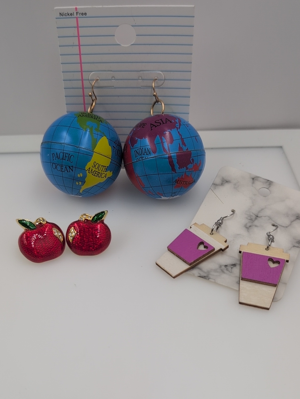 Set of 3 Teacher Earring Bundle 3D Globes, Glitter Apples & Coffee Cups